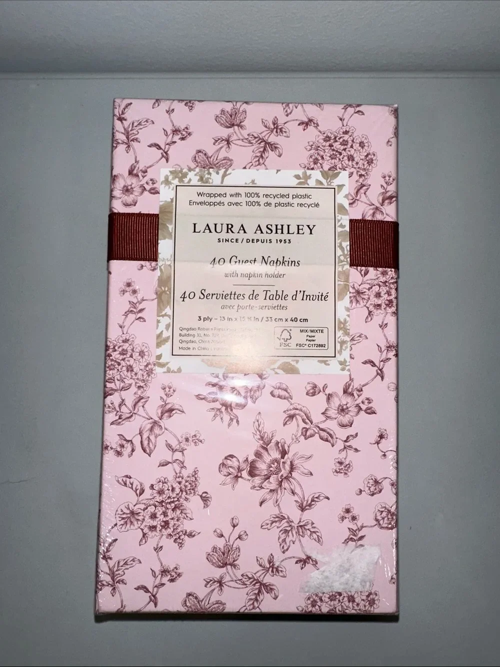 LAURA ASHLEY pink burgundy toile floral 40 x 2 Square & Guest Napkins in a Box